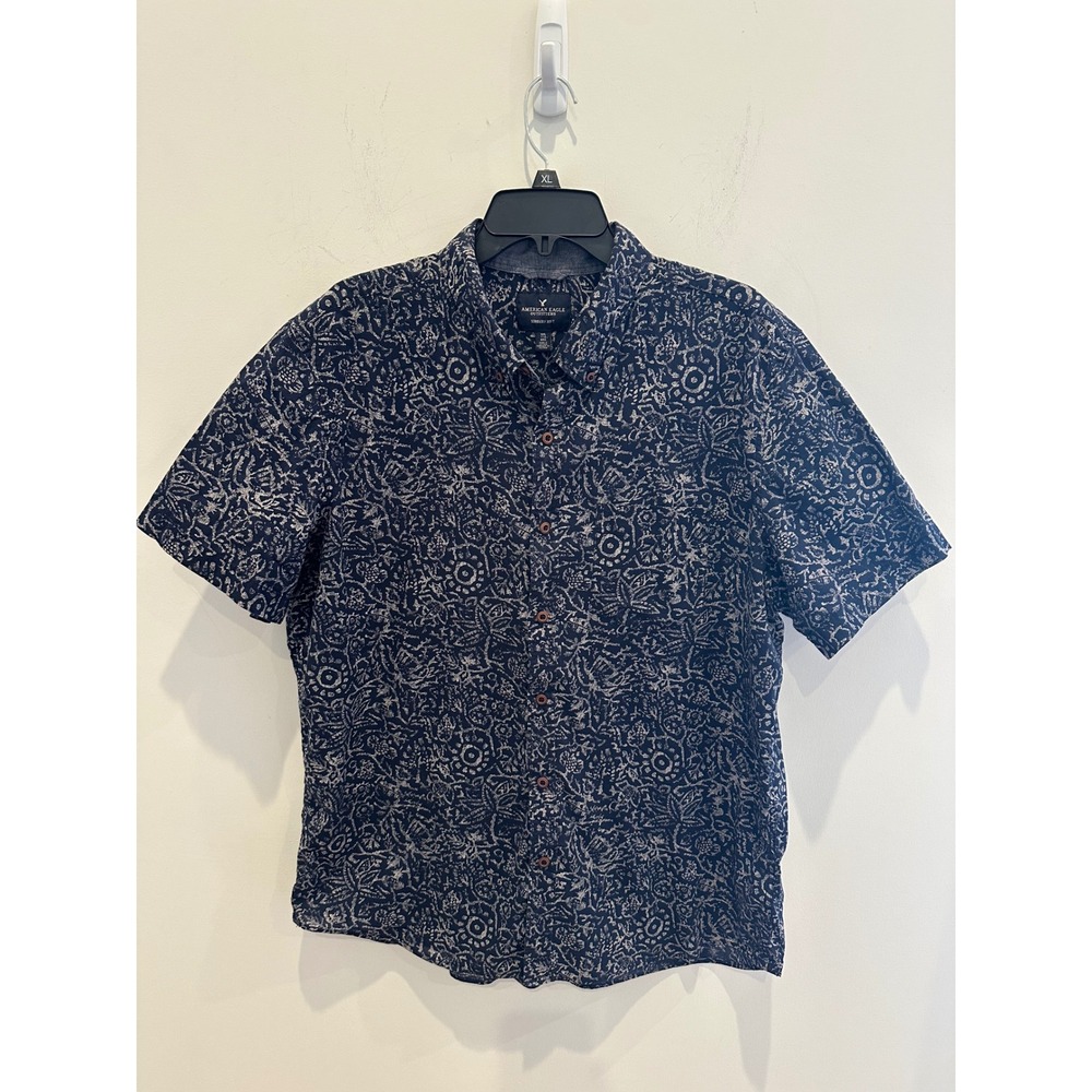 American Eagle Seriously Soft Navy Floral Batik Short Sleeve Button Down XXL